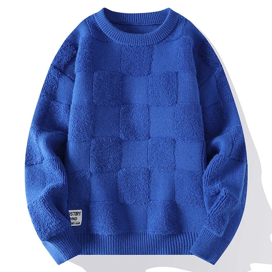 Men Fashion Knitted Sweaters Hip Hop Streetwear Loose Plaid Pullover Oversized O-Neck Men Vintage Sweaters