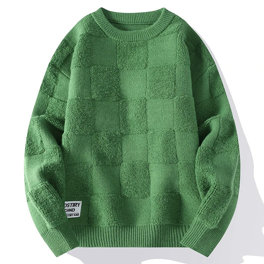 Men Fashion Knitted Sweaters Hip Hop Streetwear Loose Plaid Pullover Oversized O-Neck Men Vintage Sweaters